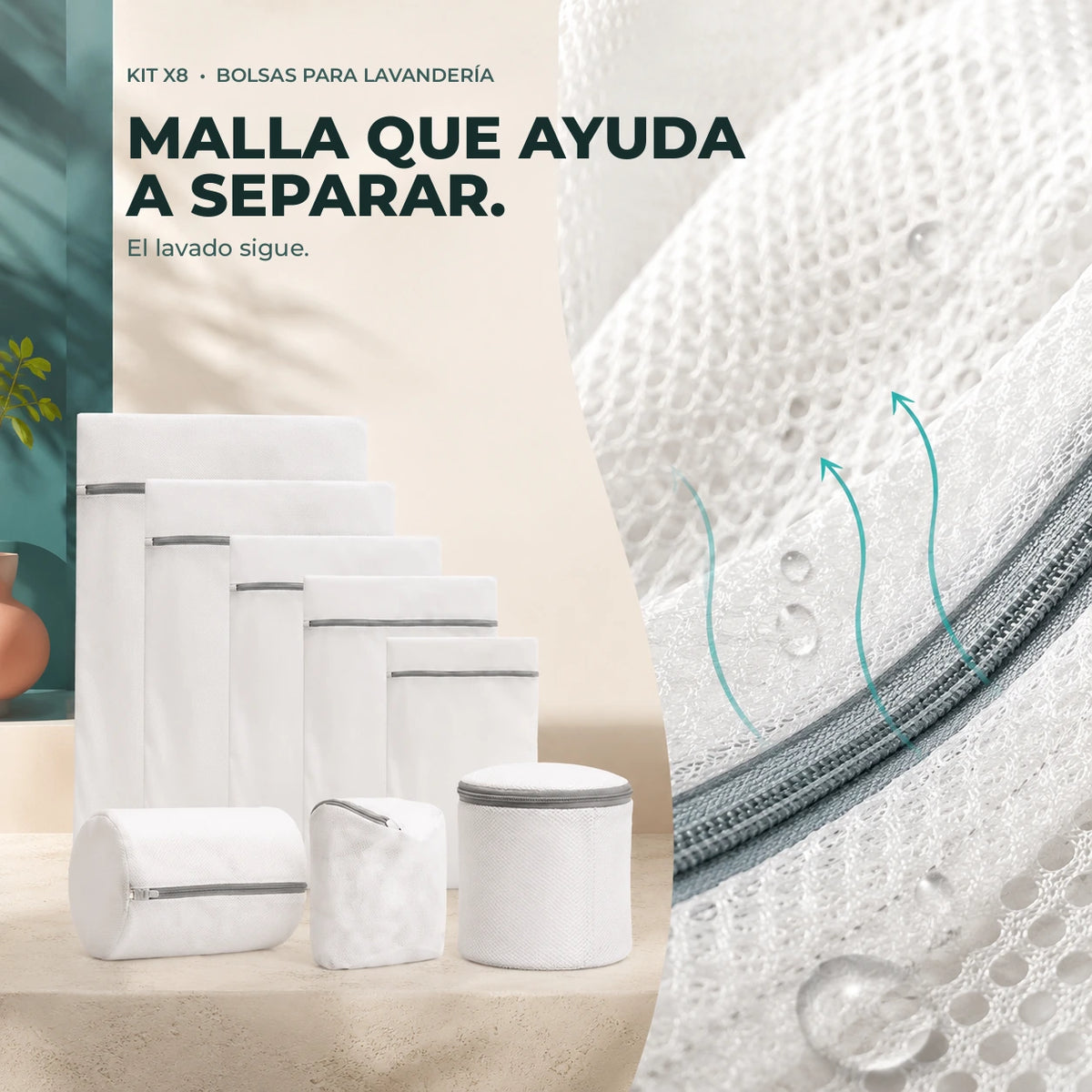Detalle ampliado de la malla transpirable y la cremallera del kit de bolsas de lavado.
