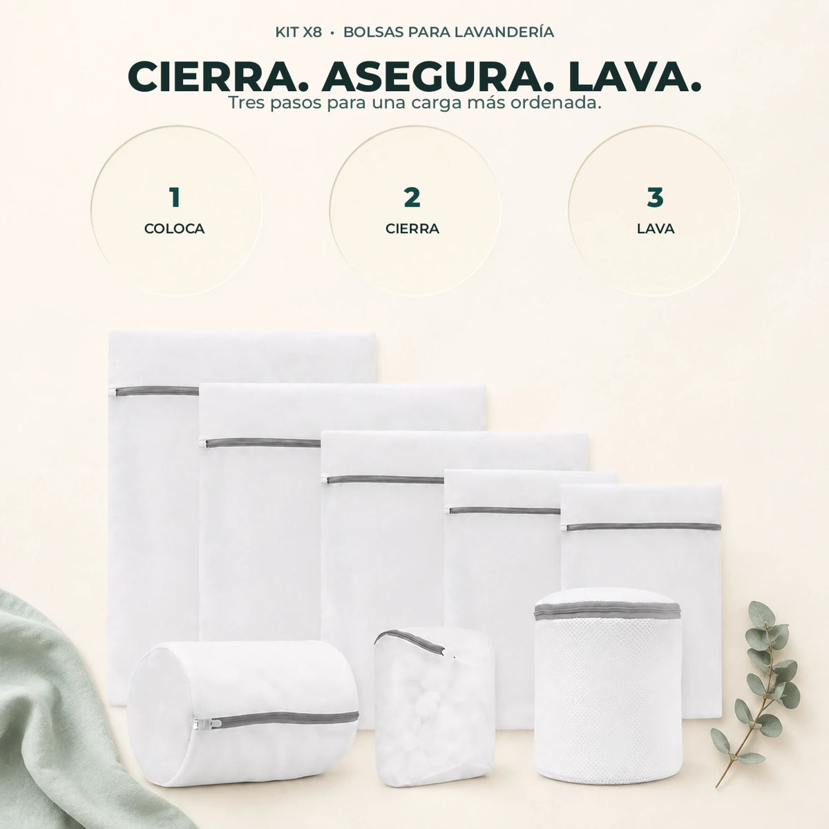 Kit de bolsas de lavandería con instrucciones de uso: colocar, cerrar y lavar.