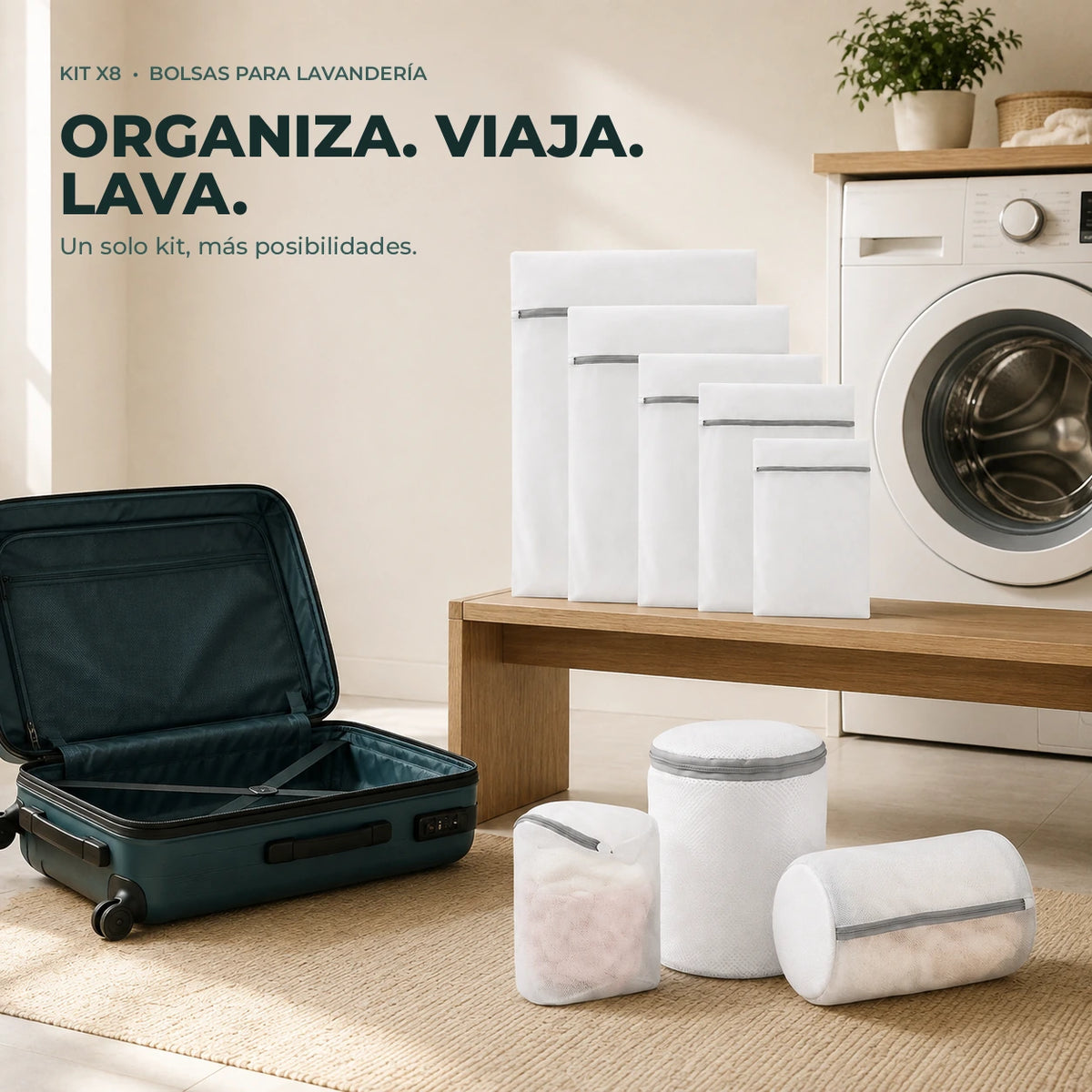 Kit de 8 bolsas de lavandería junto a una maleta abierta y una lavadora.