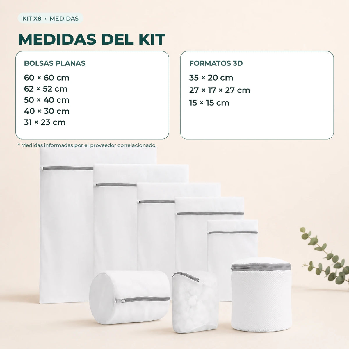 Tabla de medidas del kit de 8 bolsas planas y bolsas con formato 3D.