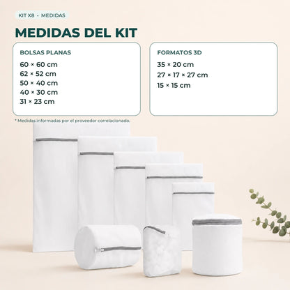 Tabla de medidas del kit de 8 bolsas planas y bolsas con formato 3D.