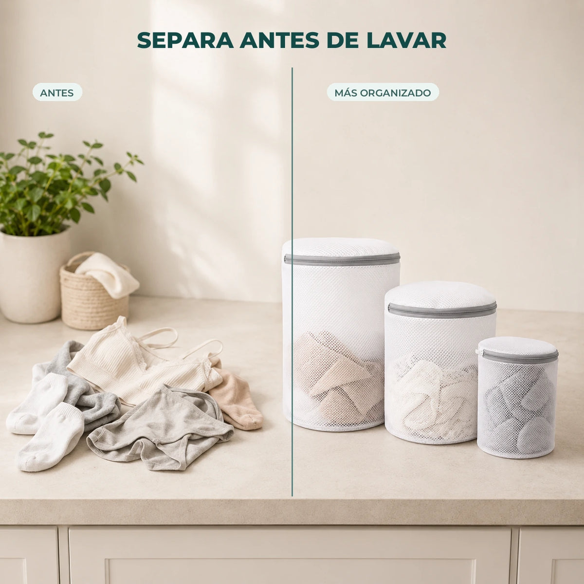 Bolsas con medias y prendas separadas antes y después de organizar la carga de lavado.