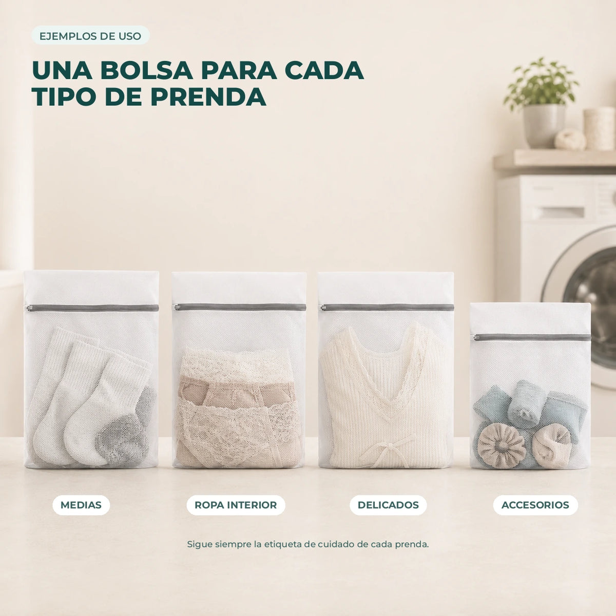 Ejemplos de uso de las bolsas para medias, ropa interior, prendas delicadas y accesorios.
