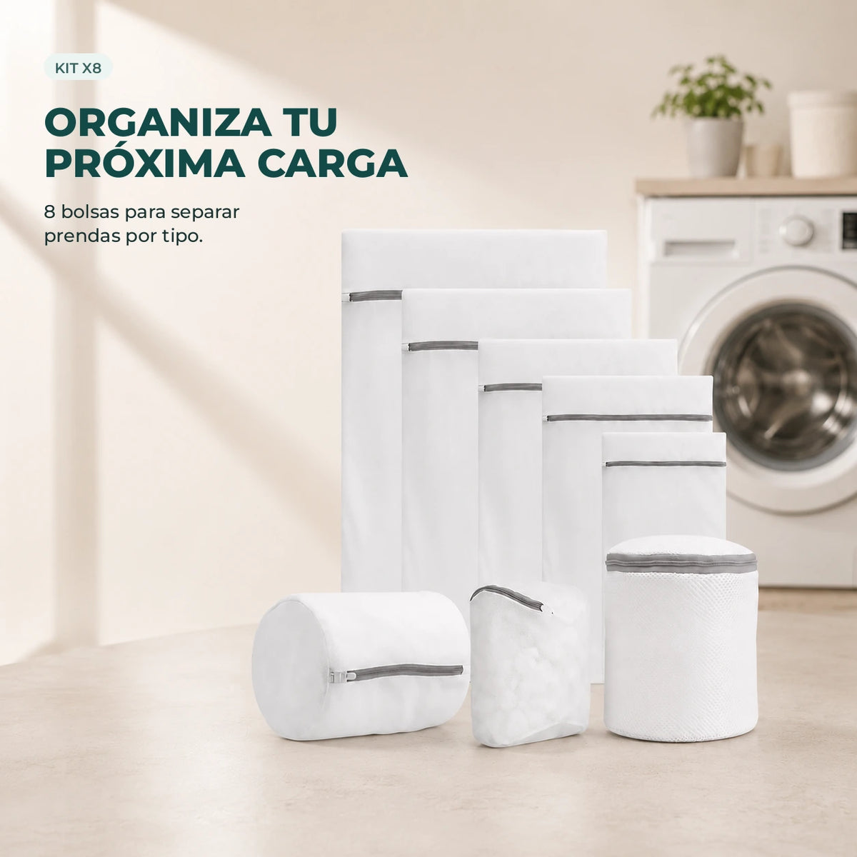 Kit de 8 bolsas de lavandería organizado frente a una lavadora.