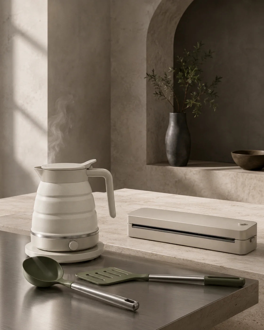 Escena editorial de cocina con objetos funcionales en tonos neutros